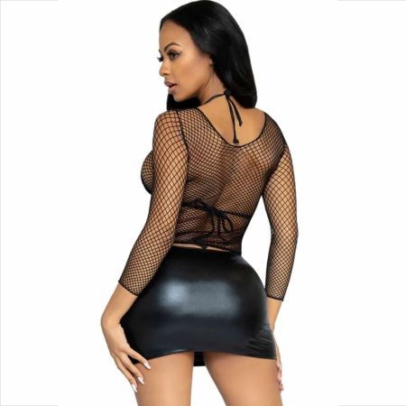 Leg Avenue Mesh Long Sleeve Top Black - Stretch Nylon, One Size