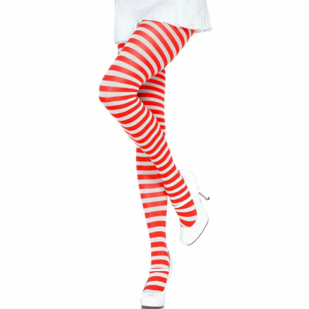 Leg Avenue White/Red Striped Nylon Tights - One Size, Vibrant Design