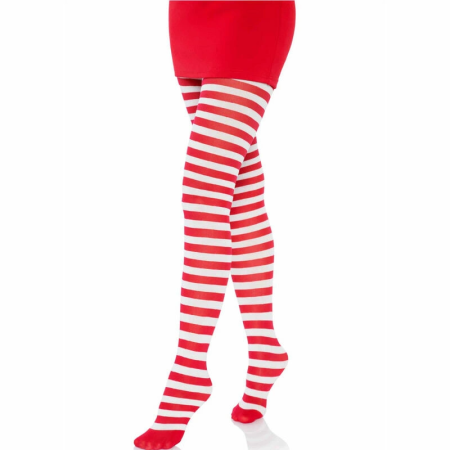 Leg Avenue White/Red Striped Nylon Tights - One Size, Vibrant Design