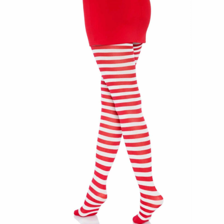 Leg Avenue White/Red Striped Nylon Tights - One Size, Vibrant Design