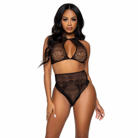 Leg Avenue Two-Piece Halter Crop Top & High-Waist Thong, Black, One Size