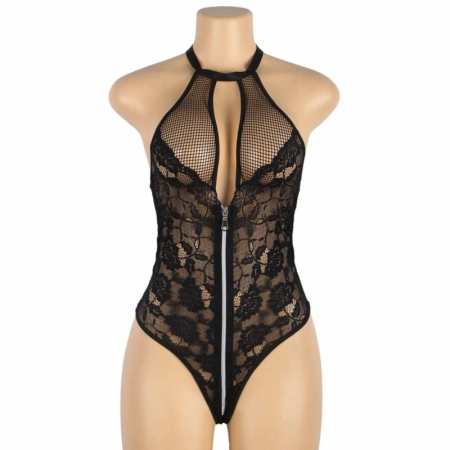 Subblime Floral Lace Teddy L/XL - Zipper Halter, Elegant Black Bodysuit