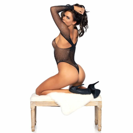 Leg Avenue Bodysuit Rhinestone Fishnet Cross Over Top One Size
