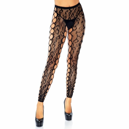 Leg Avenue One Size Leopard Lace Footless Tights with Net Panel