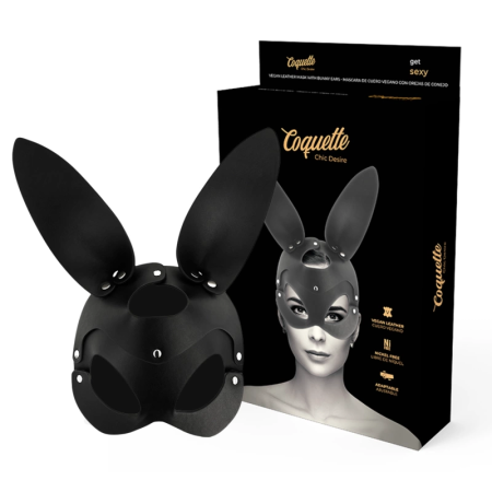 Coquette Chic Desire Vegan Leather Mask with Bunny Ears - Black, Adjustable Fit