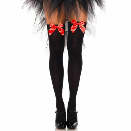 Leg Avenue Black Nylon Thigh Highs with Red Bow One Size - Elegant Hosiery
