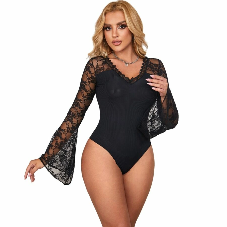 Subblime Teddy L/XL - Black Floral Lace Long Sleeve Bodysuit