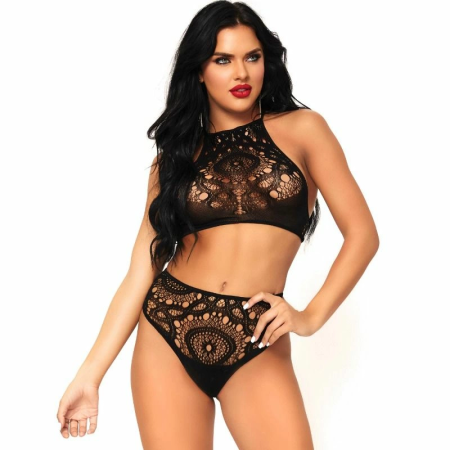 Leg Avenue 2-Piece Black Lace Set S/M - Halter Crop Top & High Waist Thong