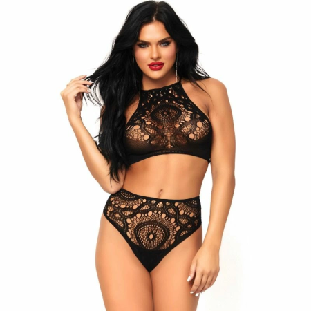 Leg Avenue 2-Piece Crochet Lace Set Black M/L - Crop Top & High Waist Thong