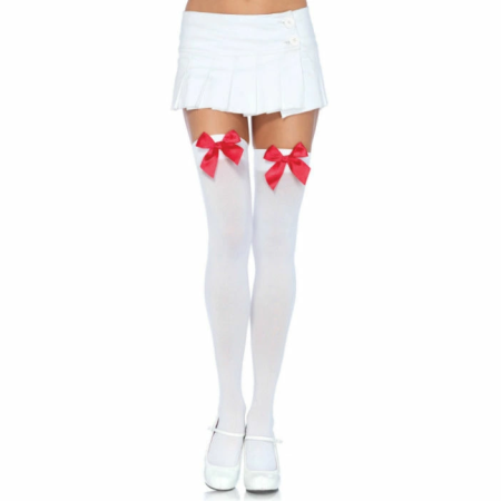 Leg Avenue Nylon Thigh Highs White/Red Bow One Size Classic Style