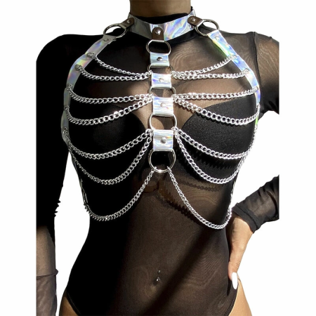 Subblime 953737 Chest Harness Silver with Rings and Chains, One Size
