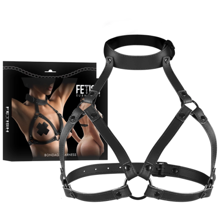 Fetish Submissive Adjustable Vegan Leather Chest & Neck Harness, Black