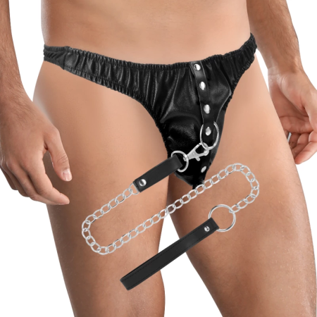 Darkness Submission Thong with Adjustable Metal Chain - Vegan Leather, Universal Fit