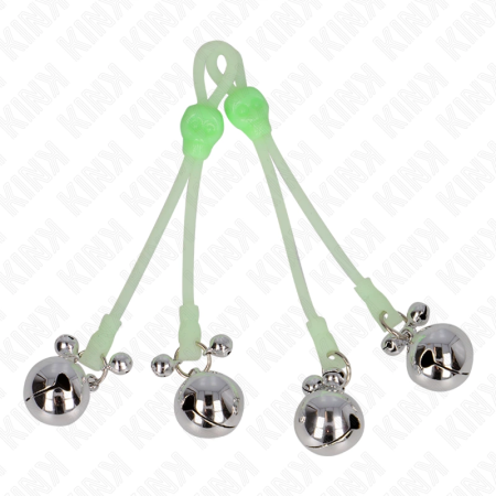 Kink Luminous Skull Adjustable Nipple Clamps with Bells Green/Silver