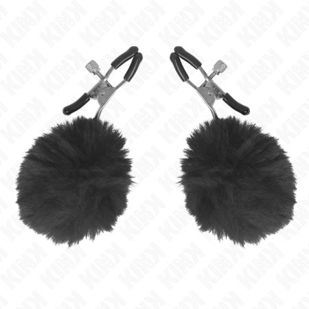 KINK Faux Fur Ball Adjustable Nipple Clamps Black 6cm - Elegant Comfort
