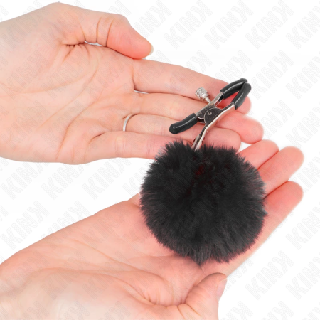 KINK Faux Fur Ball Adjustable Nipple Clamps Black 6cm - Elegant Comfort