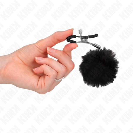 KINK Faux Fur Ball Adjustable Nipple Clamps Black 6cm - Elegant Comfort
