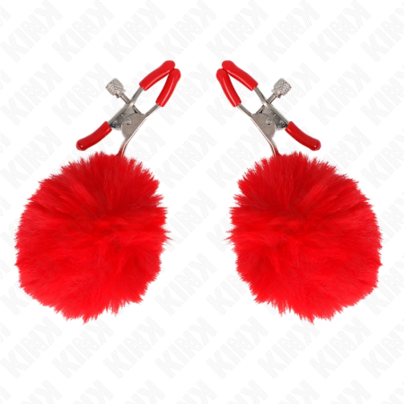 KINK Faux Fur Ball Red Nipple Clamp 6 cm - Adjustable Metal Design