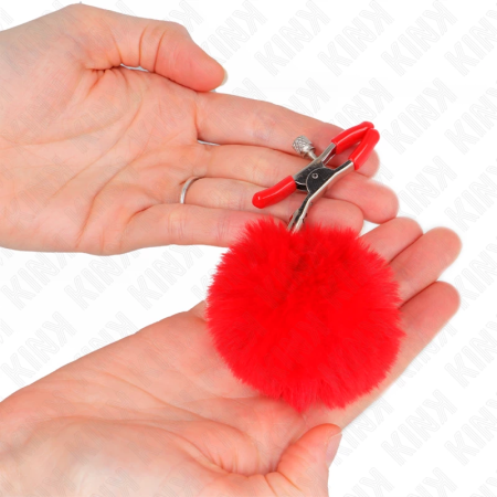 KINK Faux Fur Ball Red Nipple Clamp 6 cm - Adjustable Metal Design