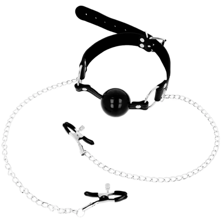Ohmama Fetish Adjustable Black Ball Gag with Nipple Clamp Chains