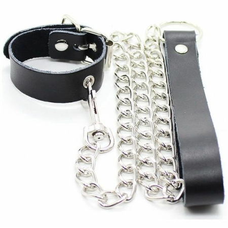 OHMAMA Fetish Leather Collar with Metal Chain and Playful Pendant