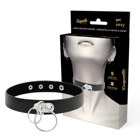 Coquette Chic Desire Vegan Leather Choker Double Ring Black 400mm