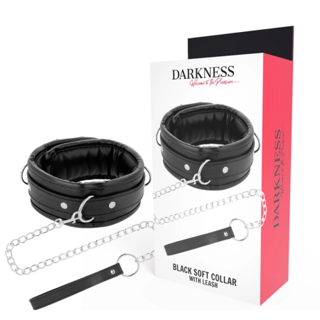 Darkness Soft Leather Adjustable Collar with Chain Leash - Black