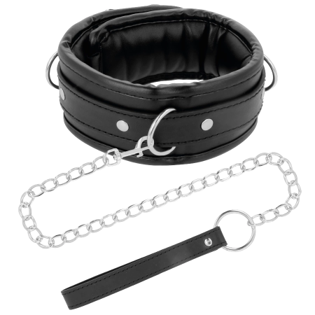 Darkness Soft Leather Adjustable Collar with Chain Leash - Black