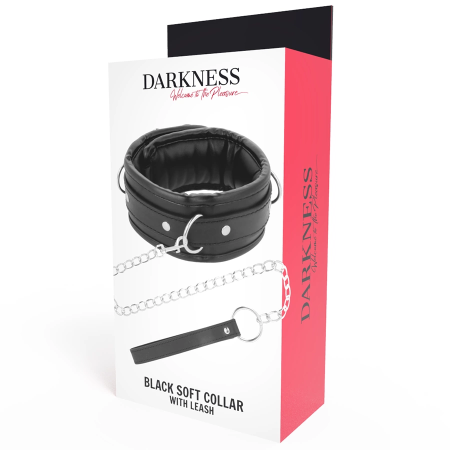 Darkness Soft Leather Adjustable Collar with Chain Leash - Black