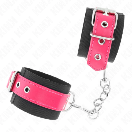 KINK Nylon Wrist Restraints Black with Leatherette Raspberry Rose Adjustable 19-29cm
