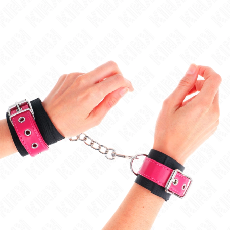KINK Nylon Wrist Restraints Black with Leatherette Raspberry Rose Adjustable 19-29cm
