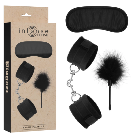 INTENSE FETISH Playset 2 Vegan Leather Cuffs Blindfold Tickler Black
