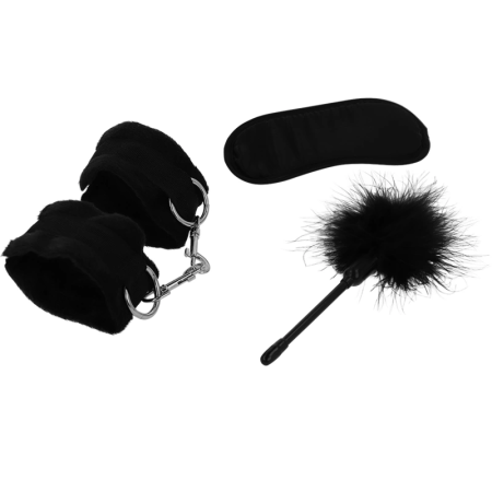 INTENSE FETISH Playset 2 Vegan Leather Cuffs Blindfold Tickler Black