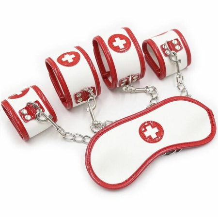 OHMAMA Fetish Mini Set 3-Piece Nurse - Cuffs & Mask Kit, PVC, White/Red