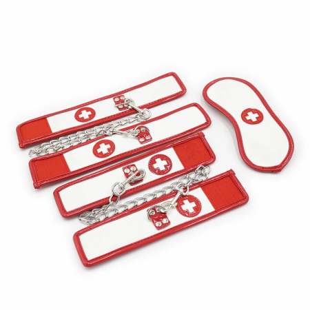 OHMAMA Fetish Mini Set 3-Piece Nurse - Cuffs & Mask Kit, PVC, White/Red