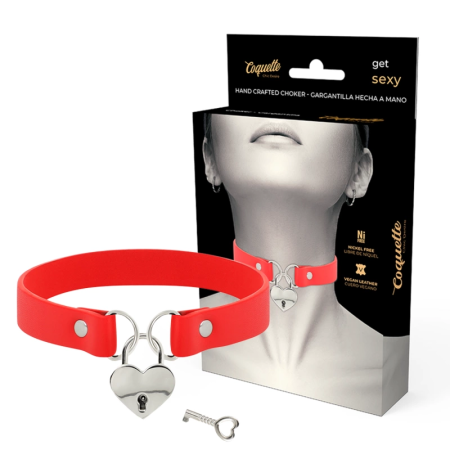 Coquette Chic Desire Vegan Leather Choker Red with Heart & Key Accent 40cm