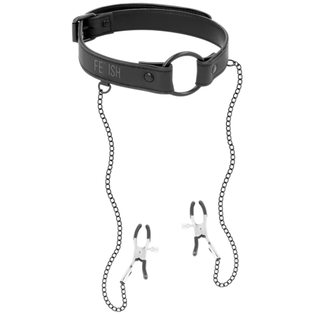 Fetish Submissive Vegan Leather Ring Gag with Adjustable Nipple Clamps
