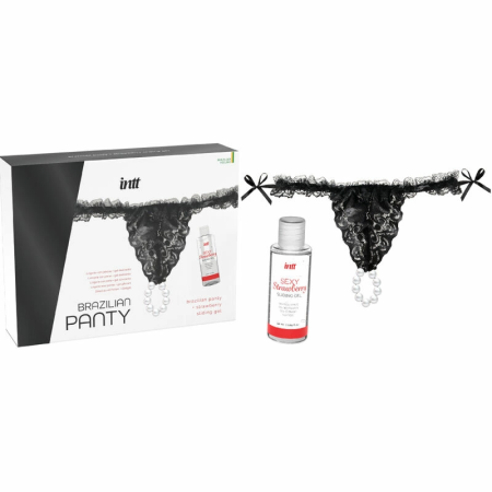 INTT Brazilian Black Lace Panty with Decorative Pearls & Strawberry Gel 50ml
