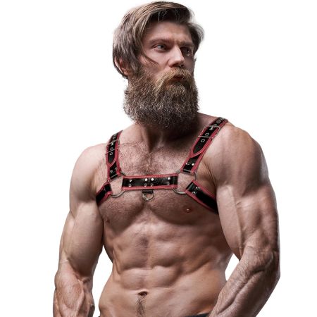 Fetish Submissive Attitude Men's Chest Harness Eco-Leather Black/Red Adjustable