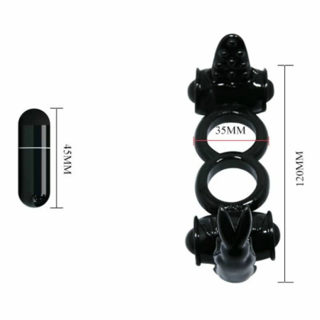 Baile Sweet Ring Double Rabbit Dual Vibrating Silicone Ring Black