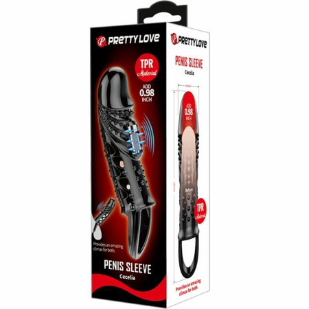 Pretty Love Cecelia Black Extension Sleeve with Vibrating Tip, TPR, Adjustable