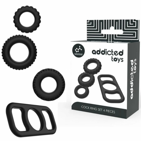 Addicted Toys Silicone Ring Set 4 Sizes Flexible Body-Safe Black