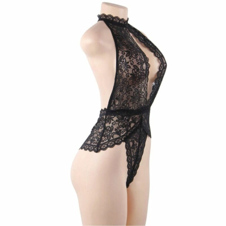 Subblime Lace Teddy L/XL - Open Cup, Halter Neck, Black