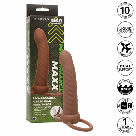 CalExotics Maxx Ribbed Dual Vibrating Probe Brown 10 Modes Silicone