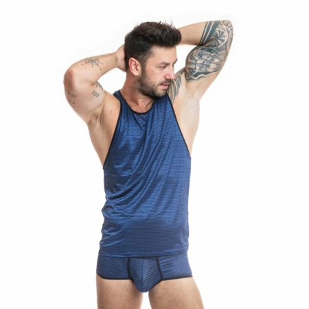 ANAIS Men Naval Top L - Navy Blue Mesh, Satin Stripes, Sleeveless