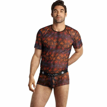 Anais Men CHILL T-Shirt L - Black Mesh with Colorful Palm Print