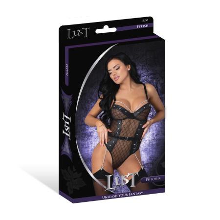 Magic Silk Phoenix Diamond Mesh Teddy with Chains & Garters S/M Black