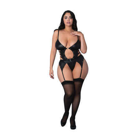 Magic Silk Kira Open Front Basque with Garters & Thong Black 2X