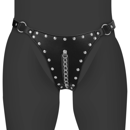 OUCH! Xtreme PU Leather Chastity Thong with Adjustable Chains Black