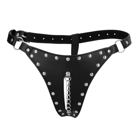OUCH! Xtreme PU Leather Chastity Thong with Adjustable Chains Black